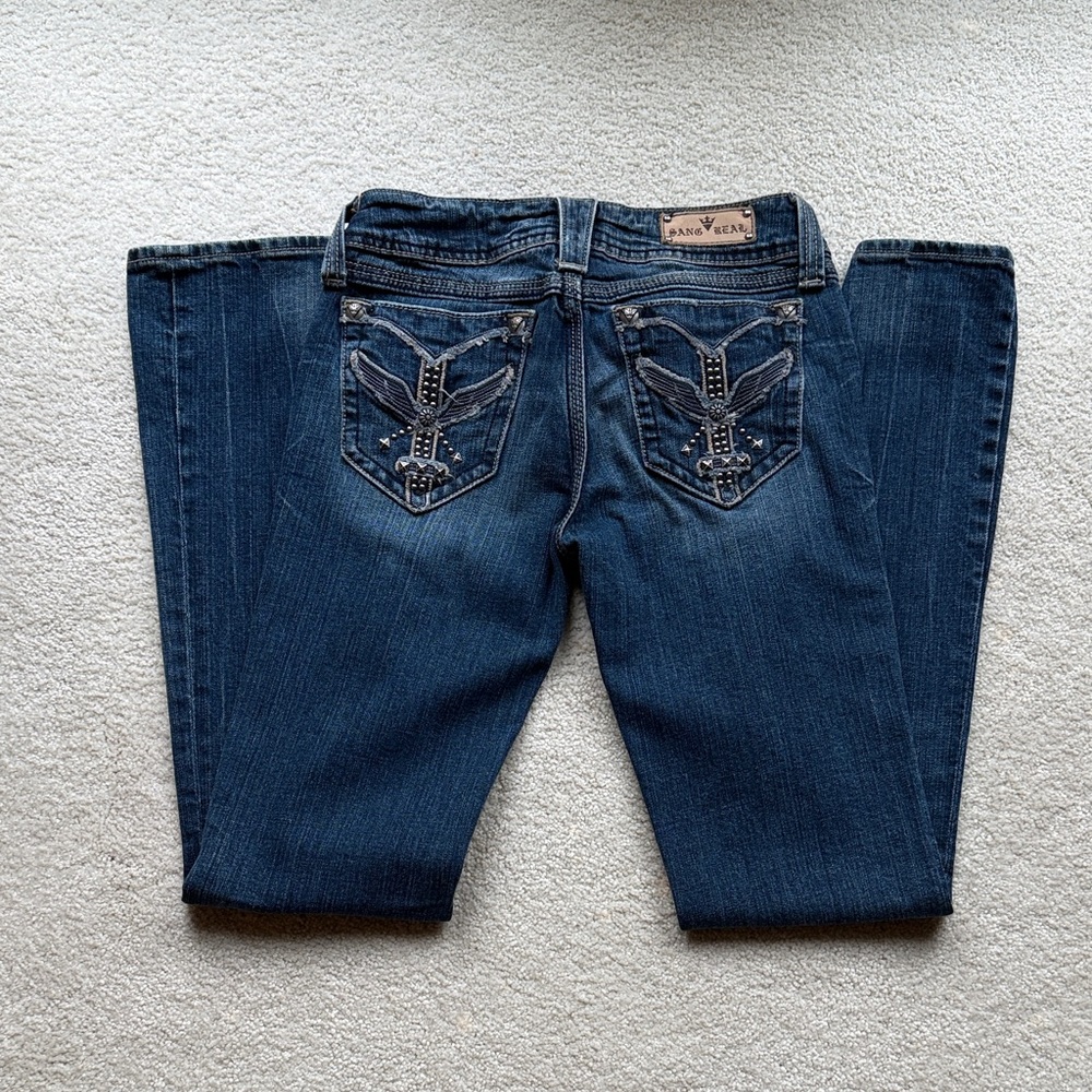 Sang Real Women's Blue Boot Cut Jeans with Embellished Pockets